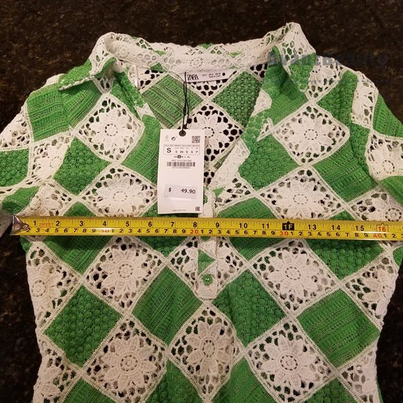 ZARA GREEN CROCHETED TOP SIZE S 2731/291 WHITE SIZE SMALL NWT LONG SLEEVE - Picture 8 of 9